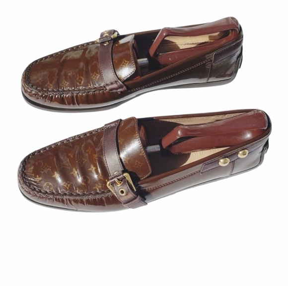 Louis Vuitton Shoes - Louis Vuitton Mini Lin Monogram Patent Loafers Brown EU 41 Designer Buckle Shoes